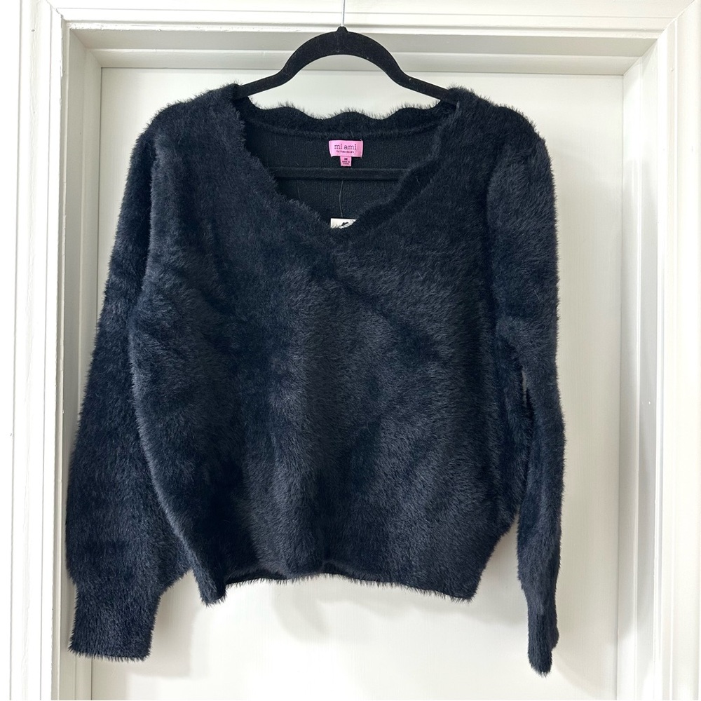 Miami for Francesca's Black Fuzzy Sweater with Scalloped Neckline, Sz Medium NWT